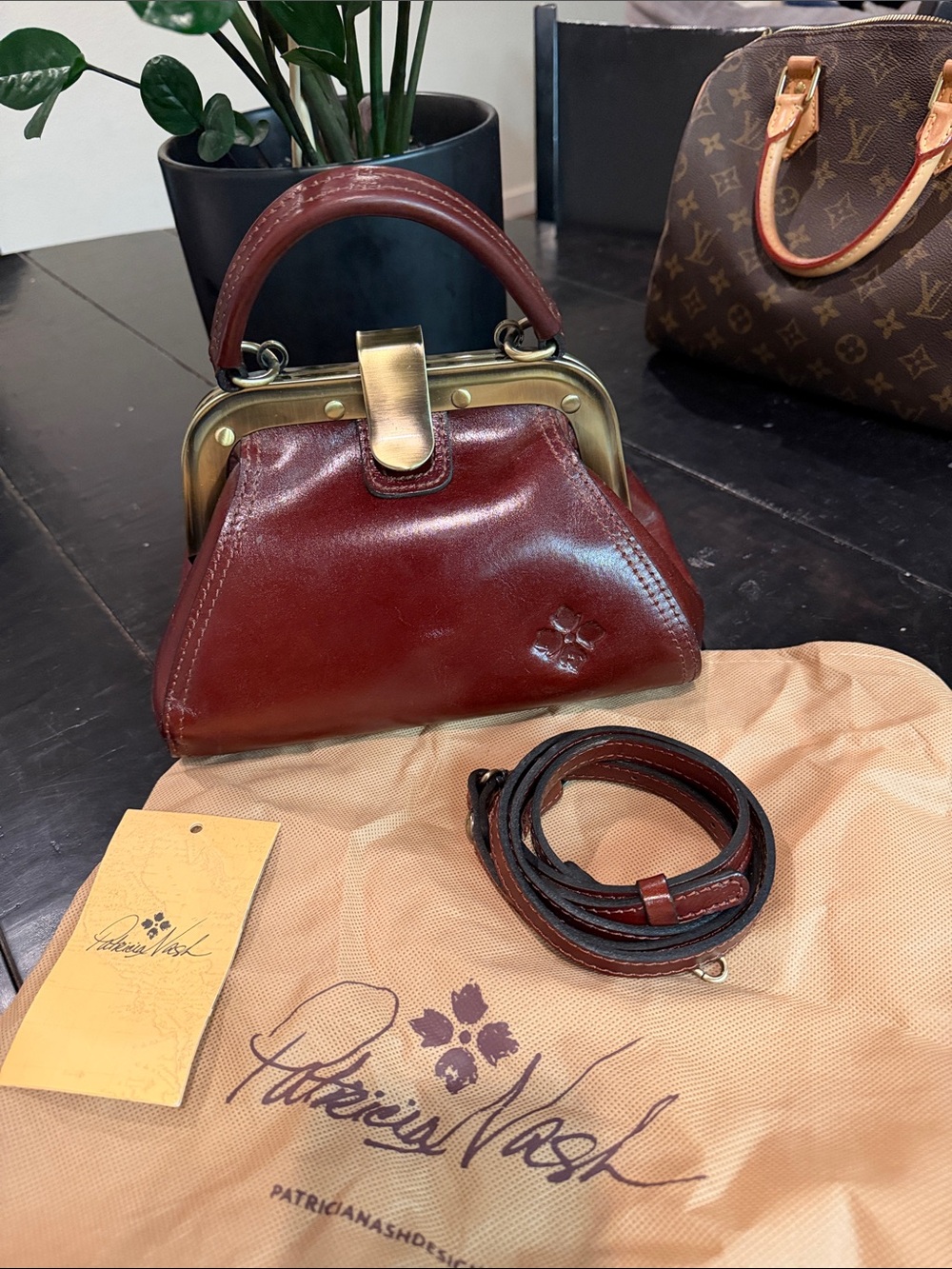 Patricia Nash British Tan Leather Mini Frame Bag w/Strap Retro Charm Romantic